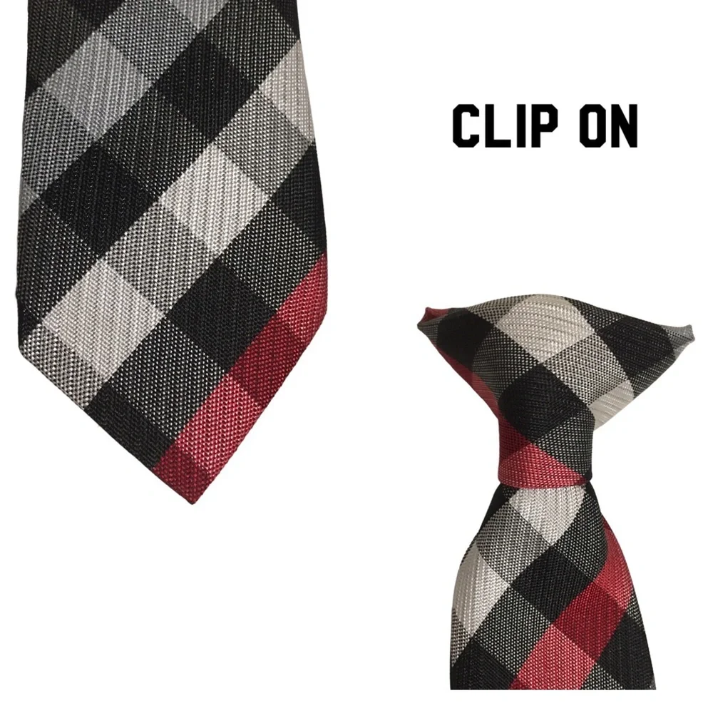 Plaid Clip on Tie Black Red White 15” Long EUC